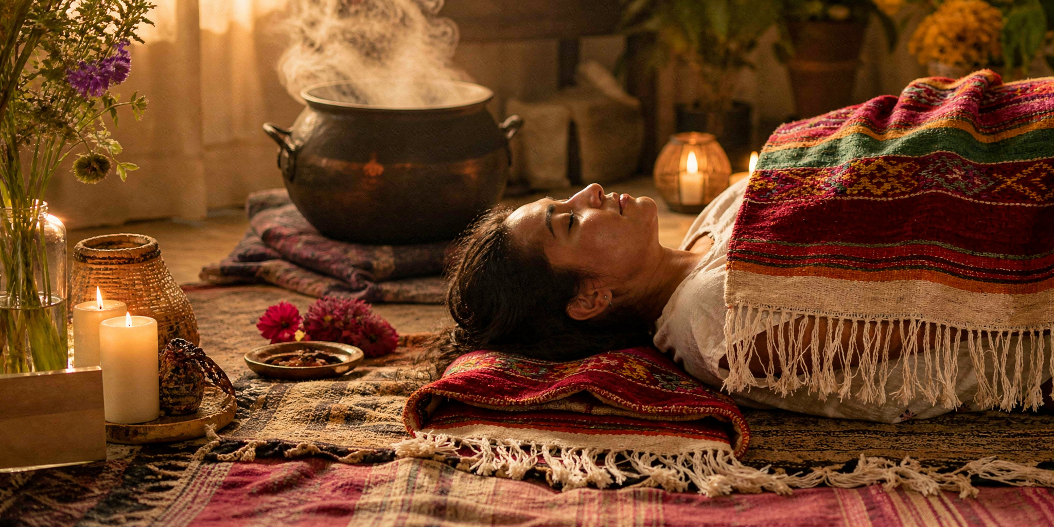 A woman resting under woven blankets beside herbs, candles, and a steaming ceremonial bath