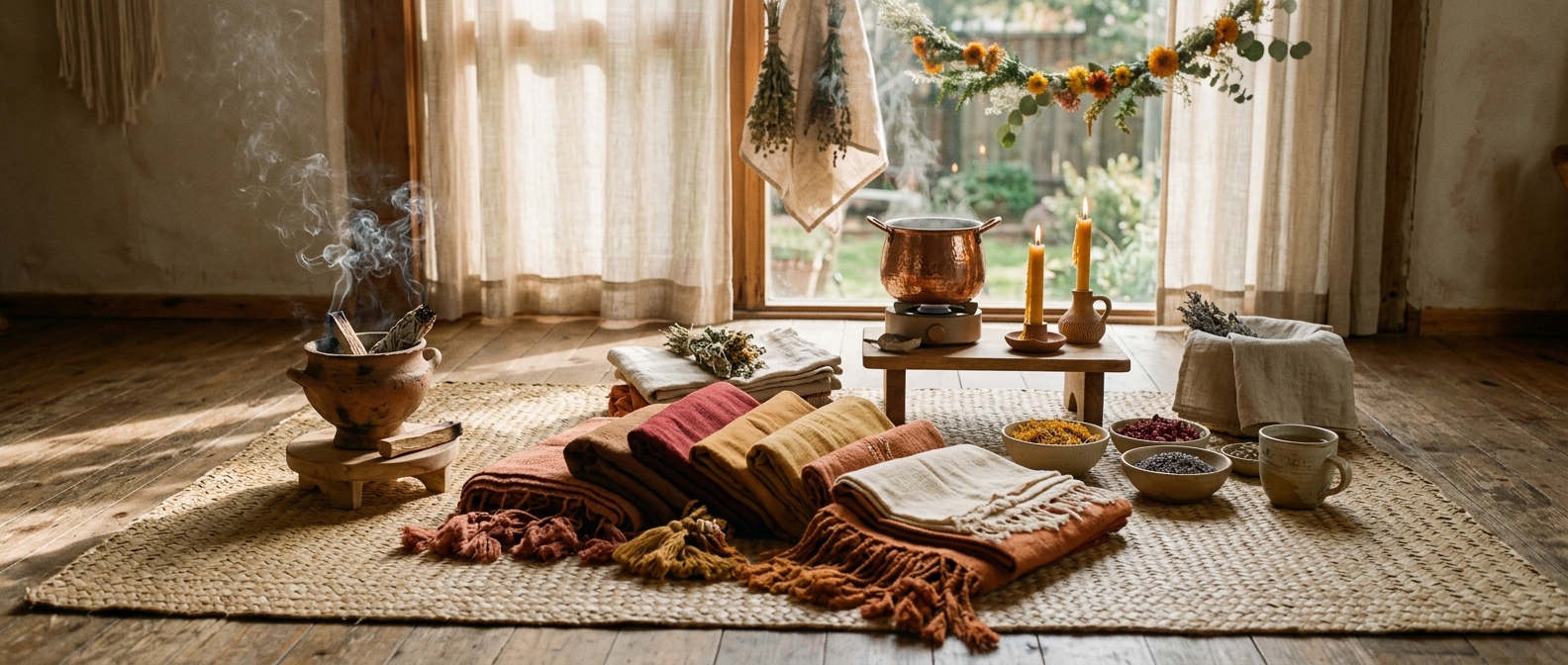 Closing of the Bones ceremonial setup with textiles, herbs, candles, and steam