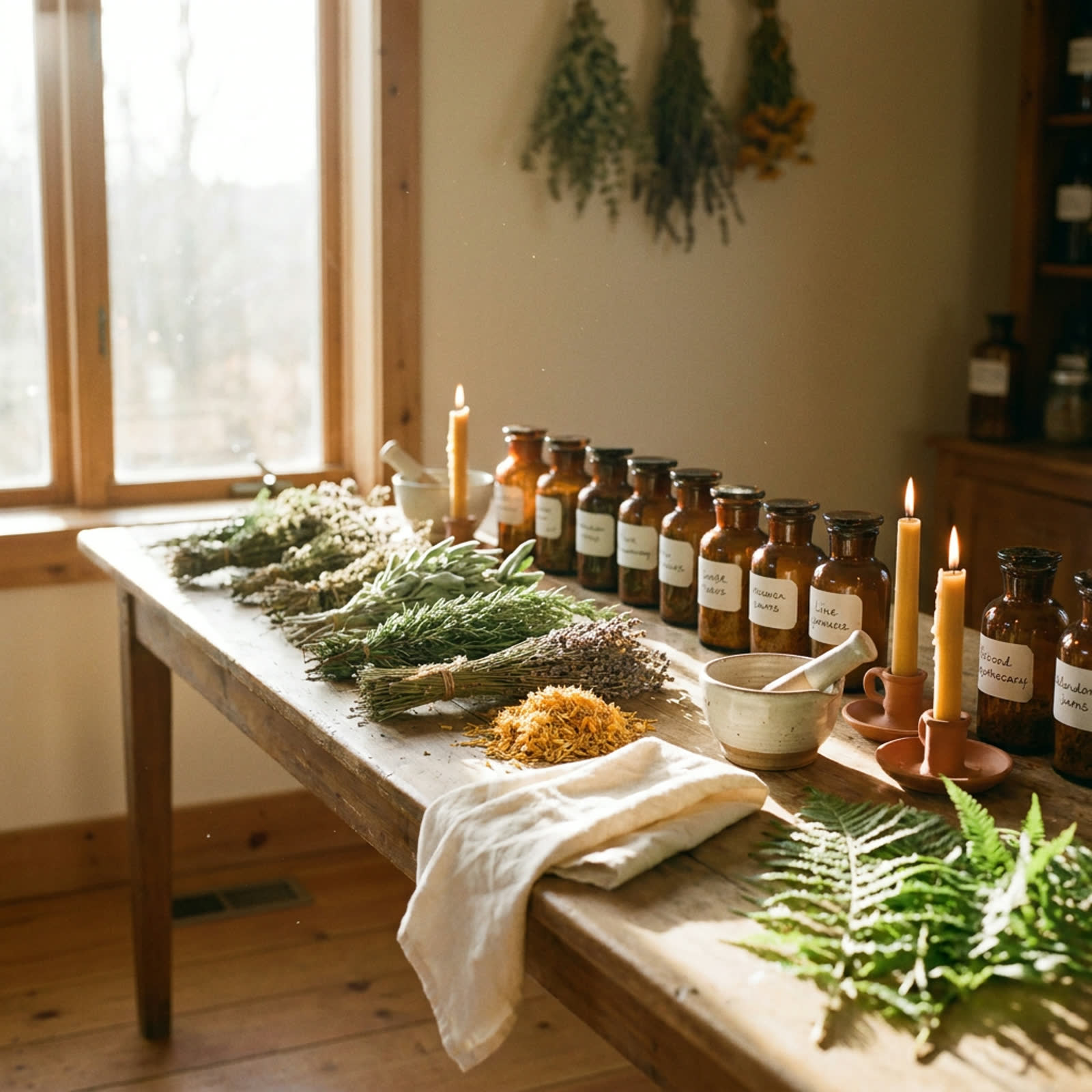 Apothecary table with brown glass jars, dried herbs, and afternoon light