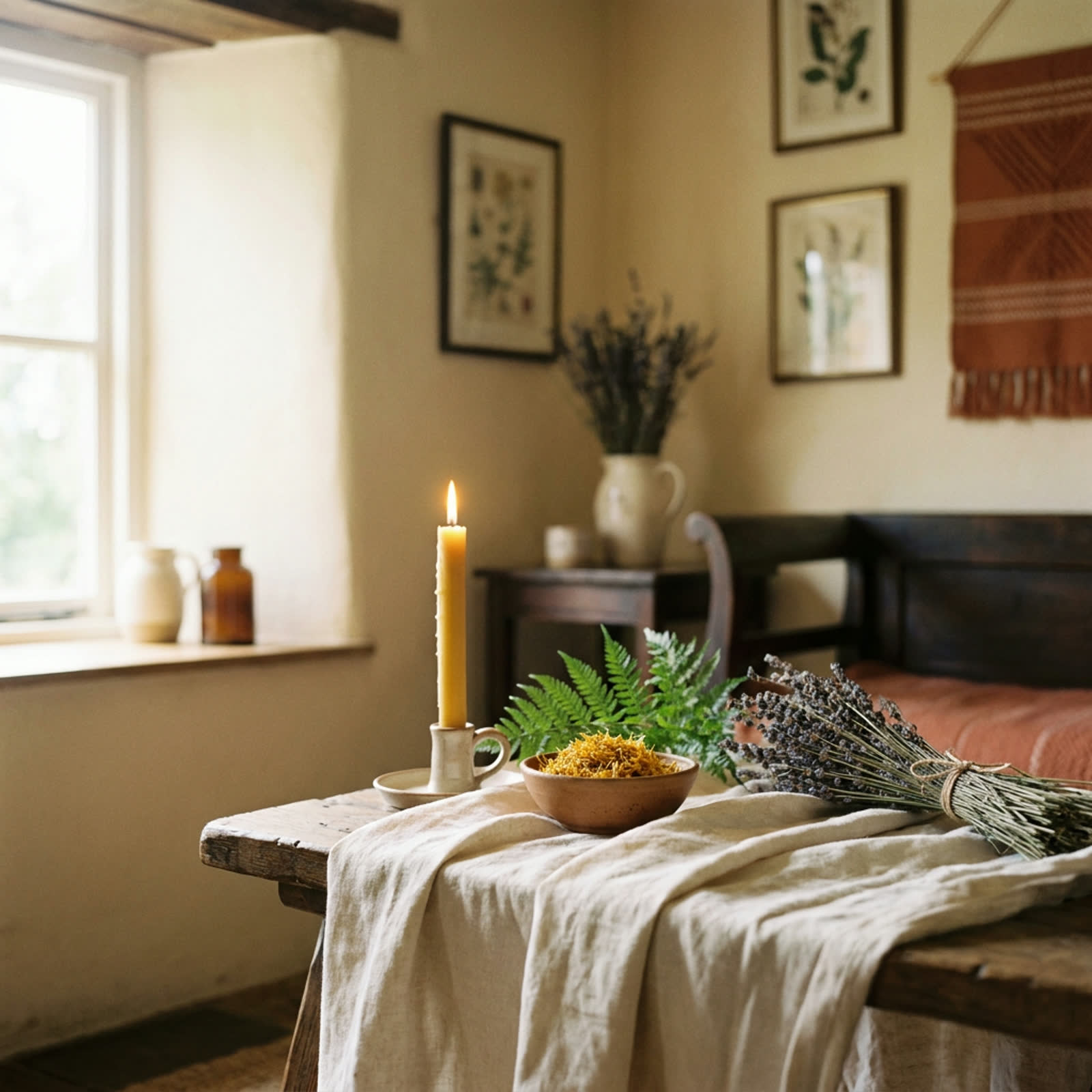 Quiet still life — herbs, candle, and linen in the home apothecary